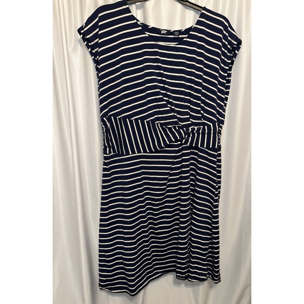 Lands End Dress Size 2X Striped Sleeveless Stretch Round Neck Blue White